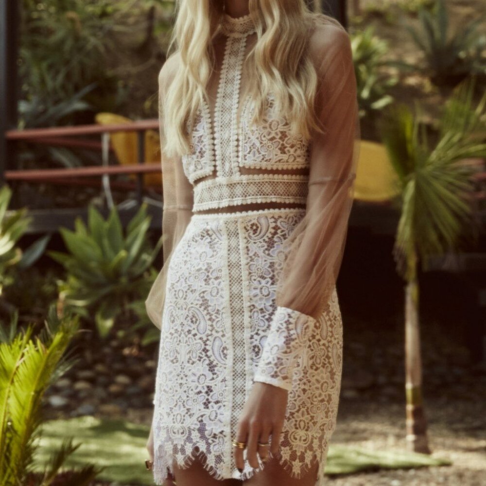 Lace High-Neck Sheer Sleeve Dress - Cream